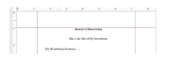 Screenshot of abstract displaying the margin rulers. Text reads: Abstract of Dissertation. This is the Title of My Dissertation. My dissertation discusses...