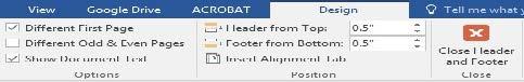 Microsoft Word screenshot showing the Footer from Bottom 0.5 setting on the Design tab"