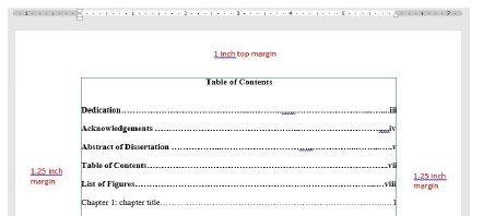 Screenshot of Table of Contents. 1 inch top margin, 1.25 inch margins at left and right.