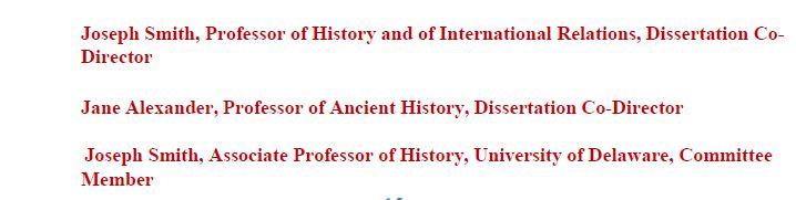 Two directors example for certification page. Indent lines .5 inch. Joseph Smith, Professor of History and of International Relations, Dissertation Co-Director. Jane Alexander, Professor of Ancient History, Dissertation Co-Director. Joseph Smith, Associate Professor of History, University of Delaware, Committee Member. Joselh Smith, Senior Researcher, American Historical Society, Committee Member